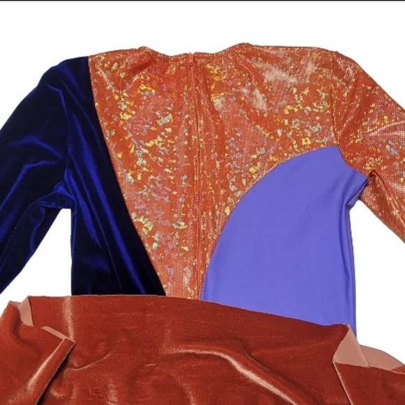 Clio 70s Vintage Patchwork Blue Burnt Orange Velvet Metallic Wide Leg Jumpsuit - Picture 8 of 10